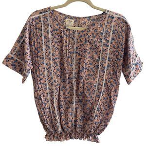 Evolverie Pink Ditsy Floral Peasant Cottage Core Top Women’s Size Small Cotton